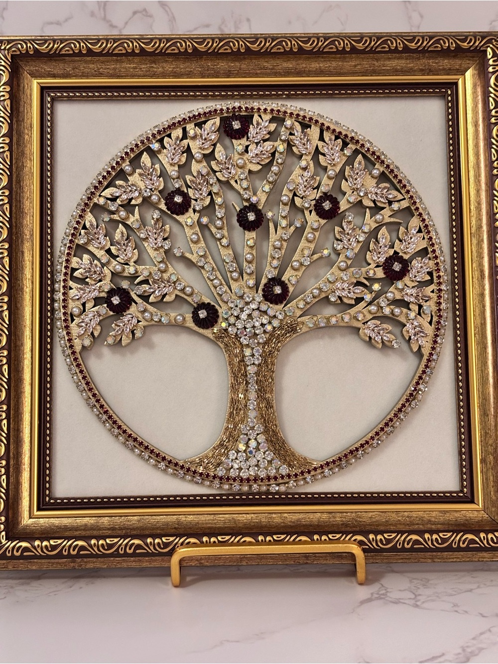 Trifari Tutti Frutti Tree of Life Framed Jewelry Art Vintage Red Rhinestone 8x8